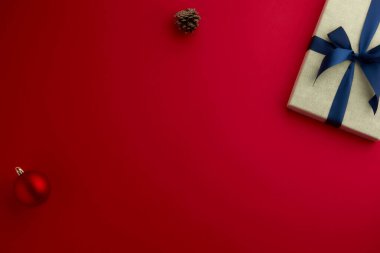 christmas decor on wood table, flat lay, top view