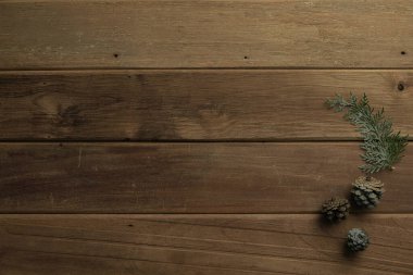 christmas decor on wood table, flat lay, top view