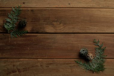 christmas decor on wood table, flat lay, top view