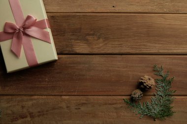 christmas decor on wood table, flat lay, top view