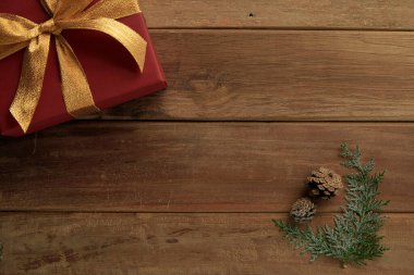 christmas decor on wood table, flat lay, top view