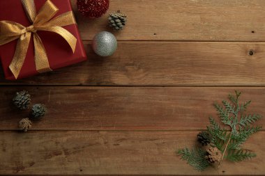 christmas decor on wood table, flat lay, top view