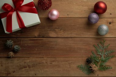 christmas decor on wood table, flat lay, top view