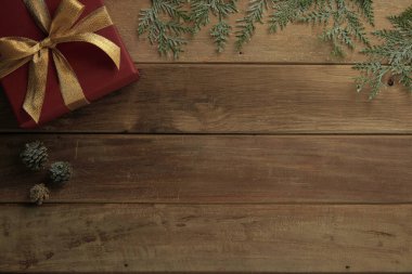 christmas decor on wood table, flat lay, top view
