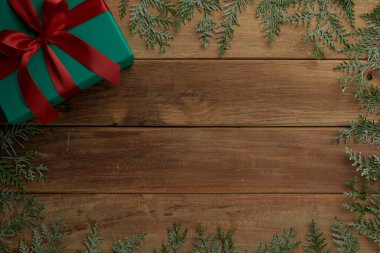christmas decor on wood table, flat lay, top view