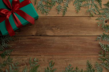 christmas decor on wood table, flat lay, top view