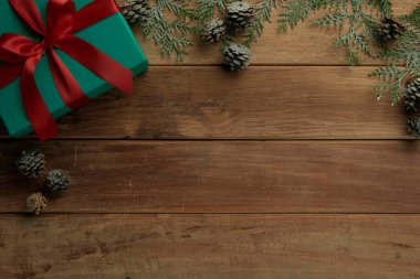 christmas decor on wood table, flat lay, top view