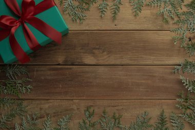 christmas decor on wood table, flat lay, top view