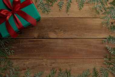 christmas decor on wood table, flat lay, top view