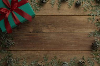 christmas decor on wood table, flat lay, top view