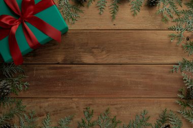 christmas decor on wood table, flat lay, top view