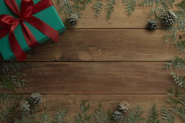 christmas decor on wood table, flat lay, top view
