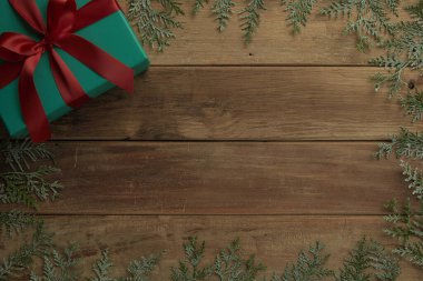 christmas decor on wood table, flat lay, top view