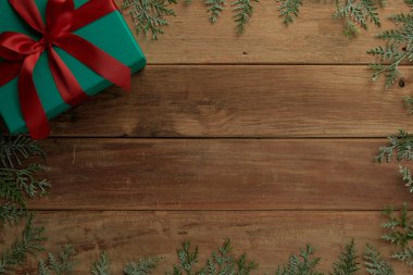 christmas decor on wood table, flat lay, top view