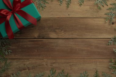 christmas decor on wood table, flat lay, top view