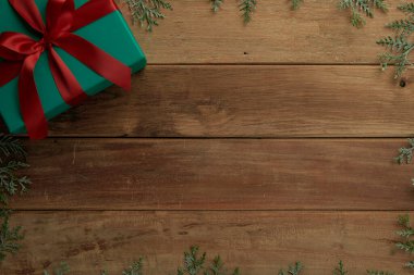 christmas decor on wood table, flat lay, top view