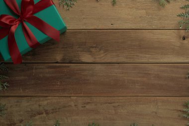 christmas decor on wood table, flat lay, top view