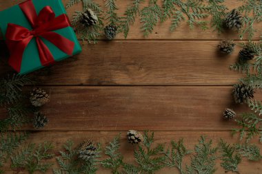christmas decor on wood table, flat lay, top view