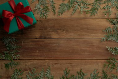 christmas decor on wood table, flat lay, top view