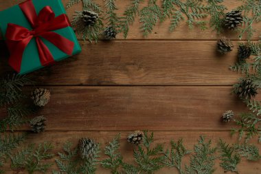 christmas decor on wood table, flat lay, top view