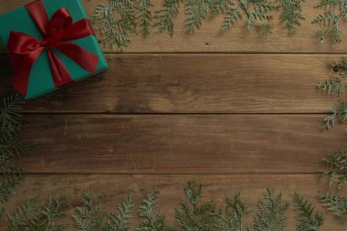 christmas decor on wood table, flat lay, top view