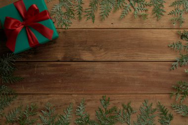 christmas decor on wood table, flat lay, top view