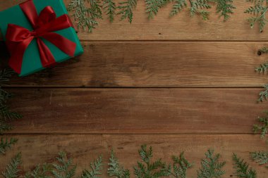 christmas decor on wood table, flat lay, top view