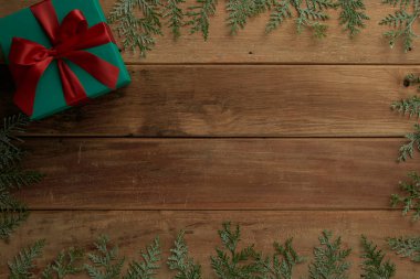 christmas decor on wood table, flat lay, top view