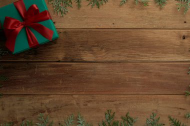 christmas decor on wood table, flat lay, top view