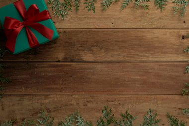 christmas decor on wood table, flat lay, top view