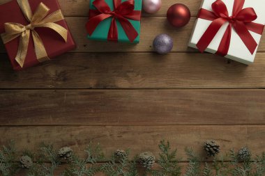 christmas decor on wood table, flat lay, top view