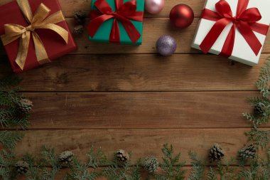 christmas decor on wood table, flat lay, top view