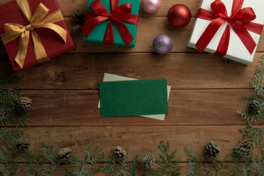 christmas decor on wood table, flat lay, top view