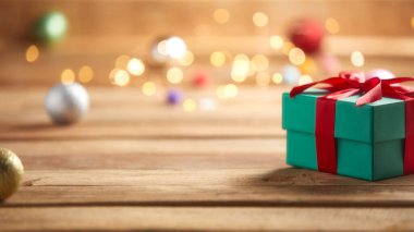 christmas decor on wood table, flat lay, top view