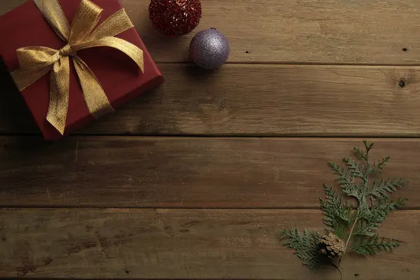 Christmas Decor Wood Table Flat Lay Top View — Stockfoto