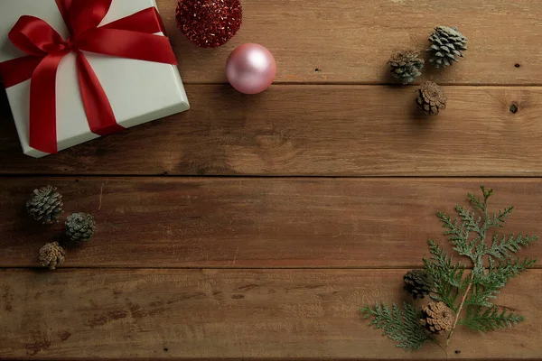 Christmas Decor Wood Table Flat Lay Top View — Stockfoto