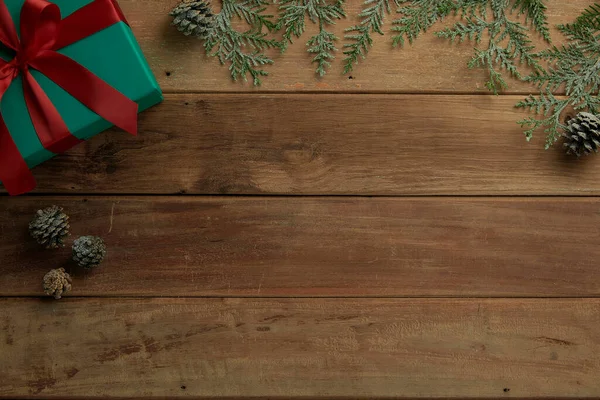 christmas decor on wood table, flat lay, top view