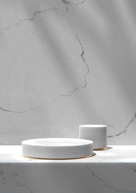 Gray tone marble wall and podium in a sunny room. 3d Render.
