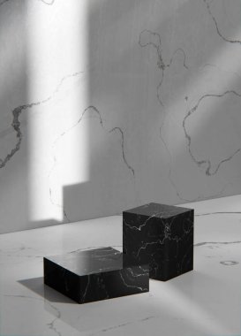 Gray tone marble wall and podium in a sunny room. 3d Render.