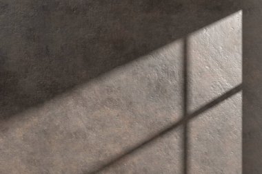 Güneş ışığından gelen doğal gölgeli beton desenli bir duvar çeşitli tasarımlarda kullanılabilen bir pencereden içeri giriyor..