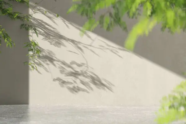 Sıcak güneş ışığı ve yeşil yaprakların ahenkli bir kombinasyonu ile çeşitli tasarımlarda kullanılmak için harika bir beton doku arka planı. 3d oluşturma.