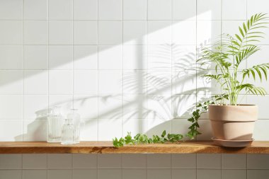 Duvarı ve beyaz fayansları olan beyaz ahşap bir raf. Sıcak güneş ışığı ve doğa tarafından kucaklanan huzurlu bir yer. Uyum, konfor ve zarif güzelliğin bir araya geldiği yer..