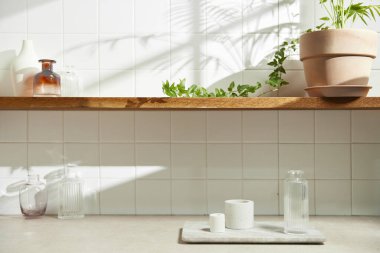 Duvarı ve beyaz fayansları olan beyaz ahşap bir raf. Sıcak güneş ışığı ve doğa tarafından kucaklanan huzurlu bir yer. Uyum, konfor ve zarif güzelliğin bir araya geldiği yer..