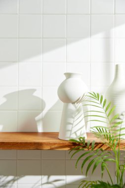 Duvarı ve beyaz fayansları olan beyaz ahşap bir raf. Sıcak güneş ışığı ve doğa tarafından kucaklanan huzurlu bir yer. Uyum, konfor ve zarif güzelliğin bir araya geldiği yer..