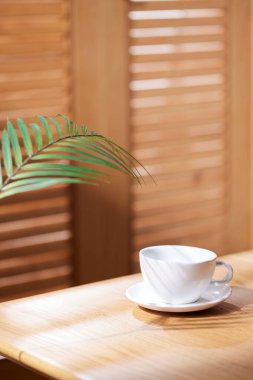 Sıcak ahşap bir iç mekanda güneş ışığı ve gölgeler..