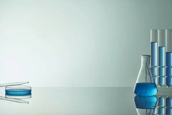 Sıvı cam test tüpleri. Modern Bilim ve Araştırma Arkaplanı için Renkli Laboratuvar Camları.