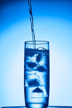 Su, mavi arkaplanlı bardağa sıçrar.