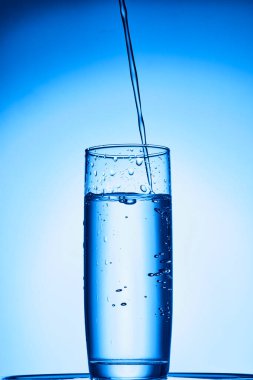 Beyaz arkaplanda mavi bardakta su damlası