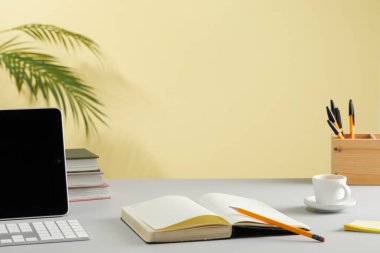 Boş dizüstü bilgisayarı, kitapları ve bitkileri olan iş yeri