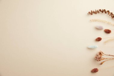 Üst Manzara. Beyaz kağıt işçiliği tarzında çeşitli renkli çiçekler. düz alan, kopyala boşluk